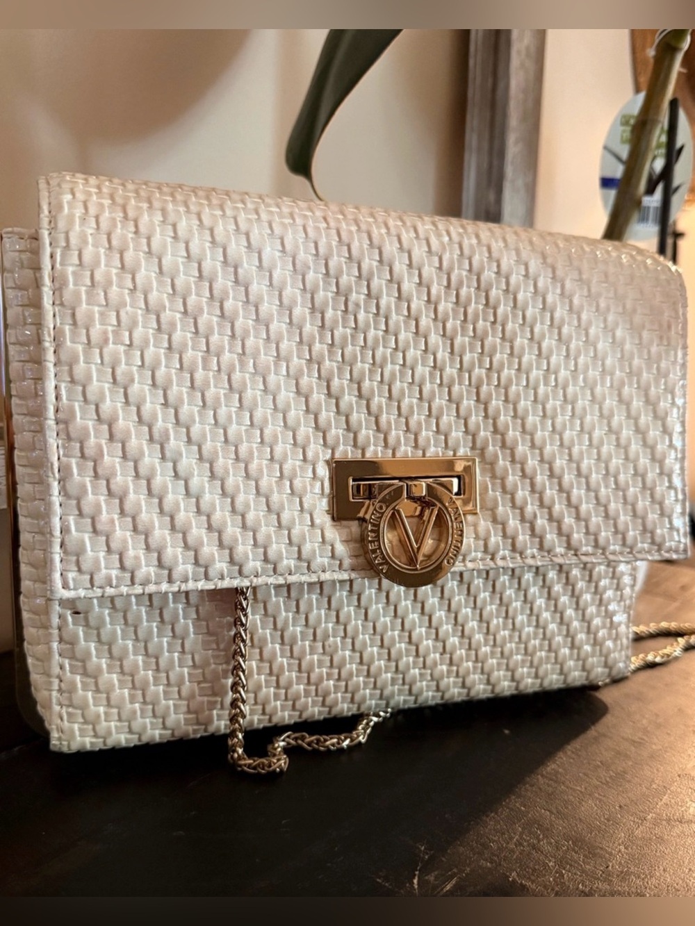 Valentino Ivory Woven Clutch with Gold Chain and Logo Lock